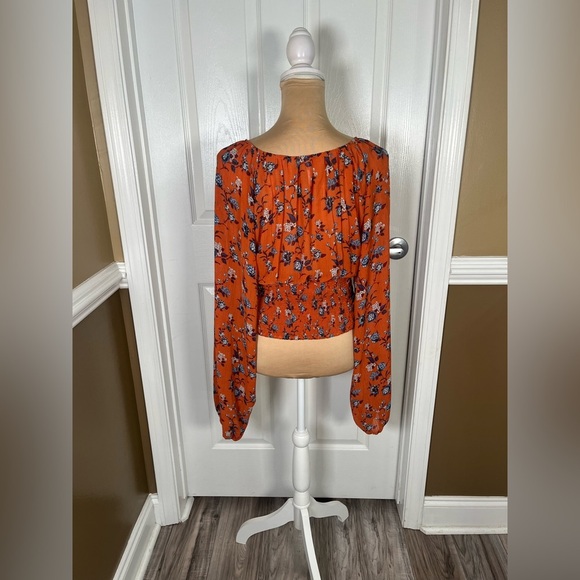 Free People Final Rose Floral Print Deep V-Neck Long Balloon Sleeve Ruched Top M - Picture 8 of 14